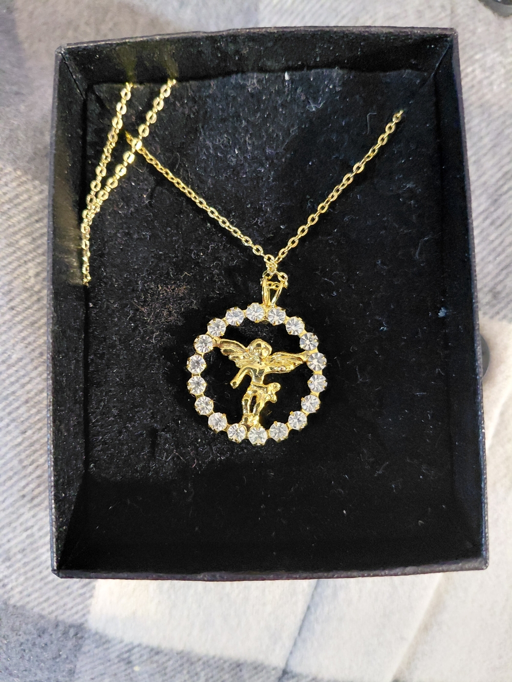 Source Unknown Gold Angel Pendant Necklace with Clear Stones